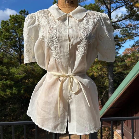 Vintage 70s Ivory Sheer Organza Puff Sleeve Cut Out Coquette Sash Waist Blouse - Picture 3 of 7